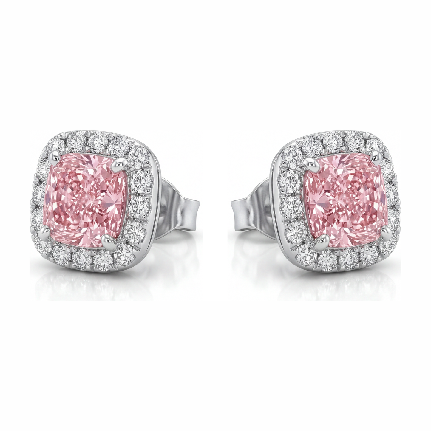 2.5 Carat Cushion Pink Lab Grown Diamond and White Diamond Halo Earrings 14K White Gold