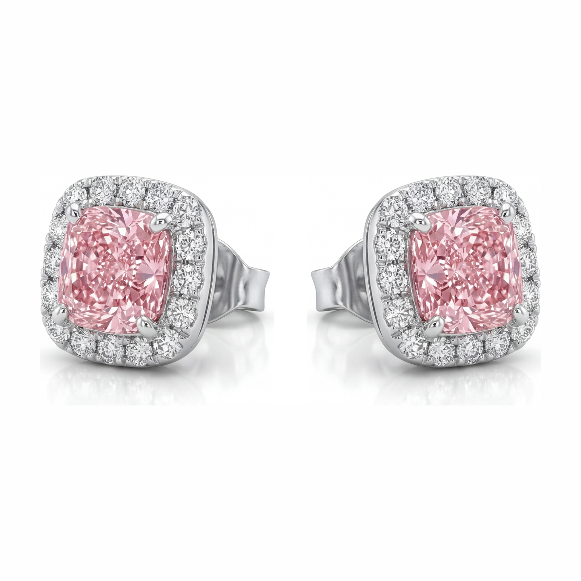 2.5 Carat Cushion Pink Lab Grown Diamond and White Diamond Halo Earrings 14K White Gold