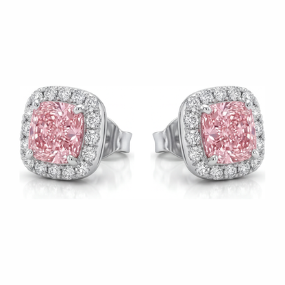 2.5 Carat Cushion Pink Lab Grown Diamond and White Diamond Halo Earrings 14K White Gold