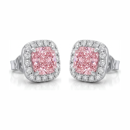 2.5 Carat Cushion Pink Lab Grown Diamond and White Diamond Halo Earrings 14K White Gold
