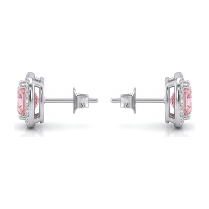 2.5 Carat Cushion Pink Lab Grown Diamond and White Diamond Halo Earrings 14K White Gold