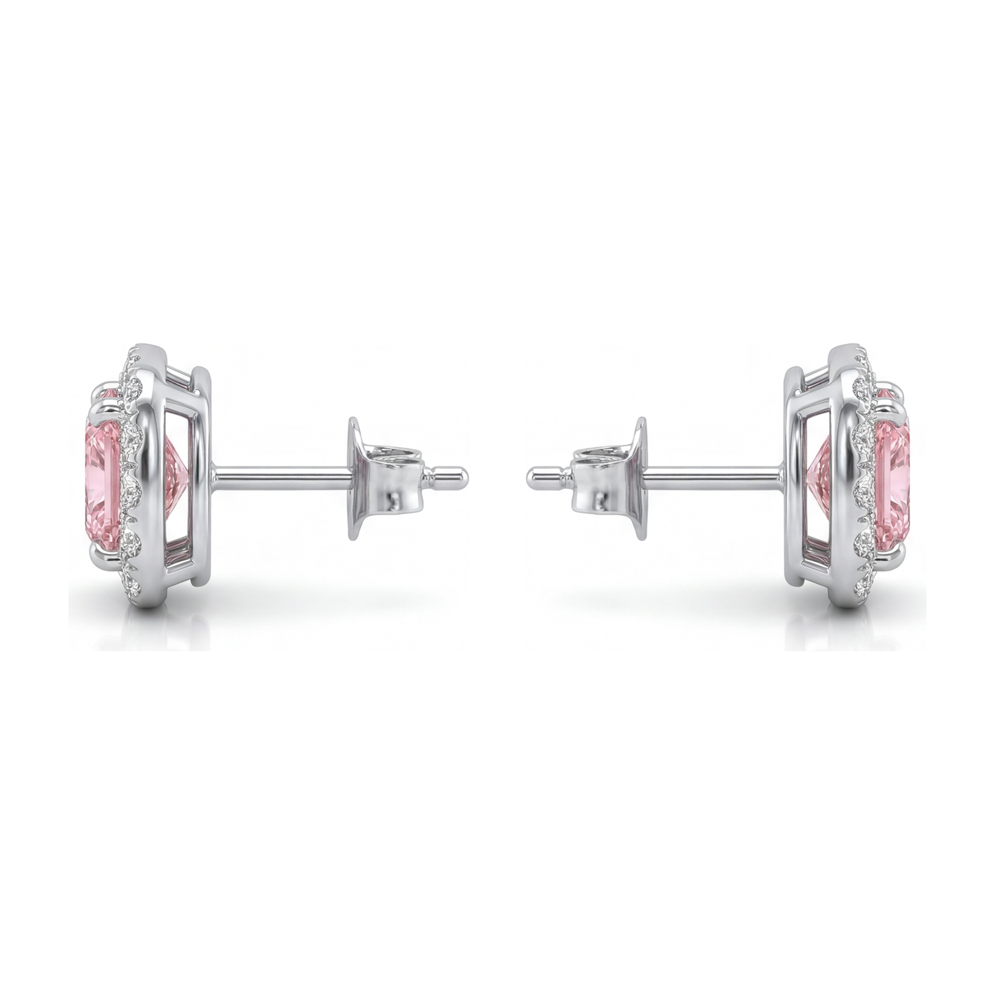 2.5 Carat Cushion Pink Lab Grown Diamond and White Diamond Halo Earrings 14K White Gold
