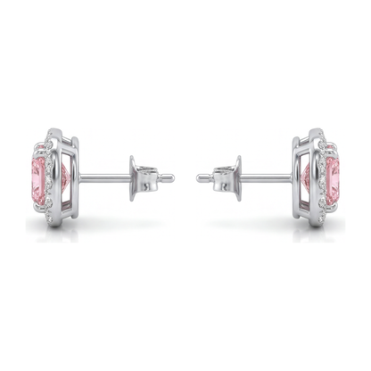 2.5 Carat Cushion Pink Lab Grown Diamond and White Diamond Halo Earrings 14K White Gold