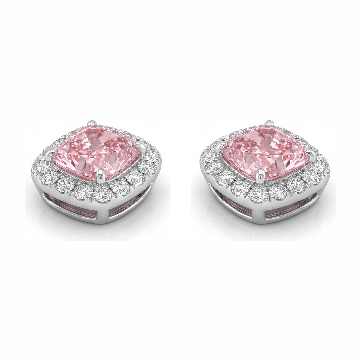 2.5 Carat Cushion Pink Lab Grown Diamond and White Diamond Halo Earrings 14K White Gold
