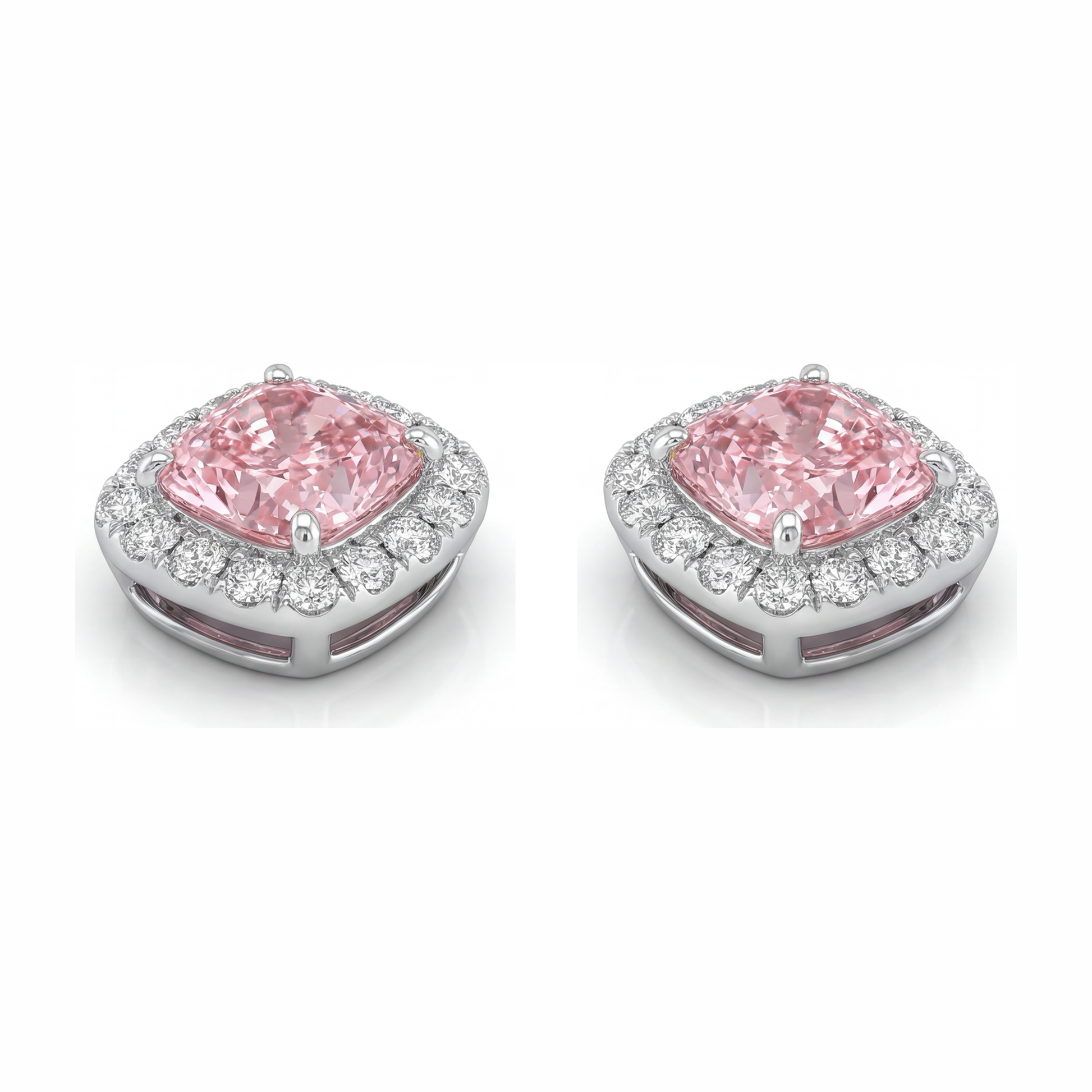 2.5 Carat Cushion Pink Lab Grown Diamond and White Diamond Halo Earrings 14K White Gold