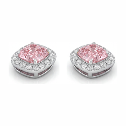 2.5 Carat Cushion Pink Lab Grown Diamond and White Diamond Halo Earrings 14K White Gold