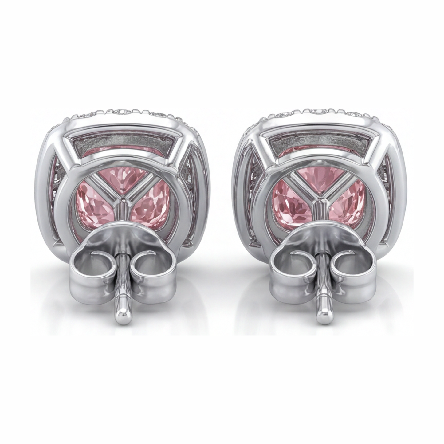 2.5 Carat Cushion Pink Lab Grown Diamond and White Diamond Halo Earrings 14K White Gold
