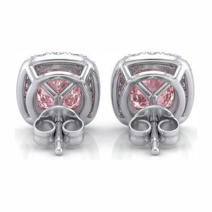 2.5 Carat Cushion Pink Lab Grown Diamond and White Diamond Halo Earrings 14K White Gold