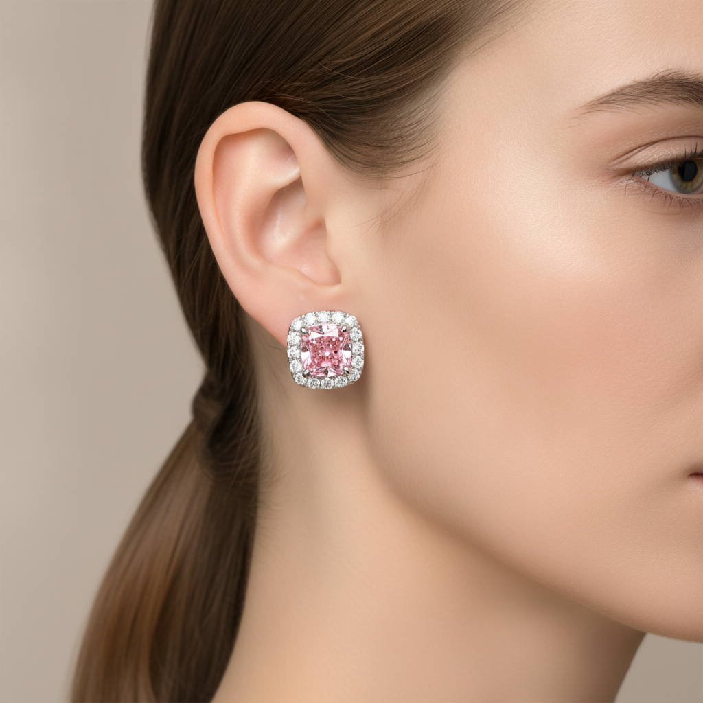 2.5 Carat Cushion Pink Lab Grown Diamond and White Diamond Halo Earrings 14K White Gold worn