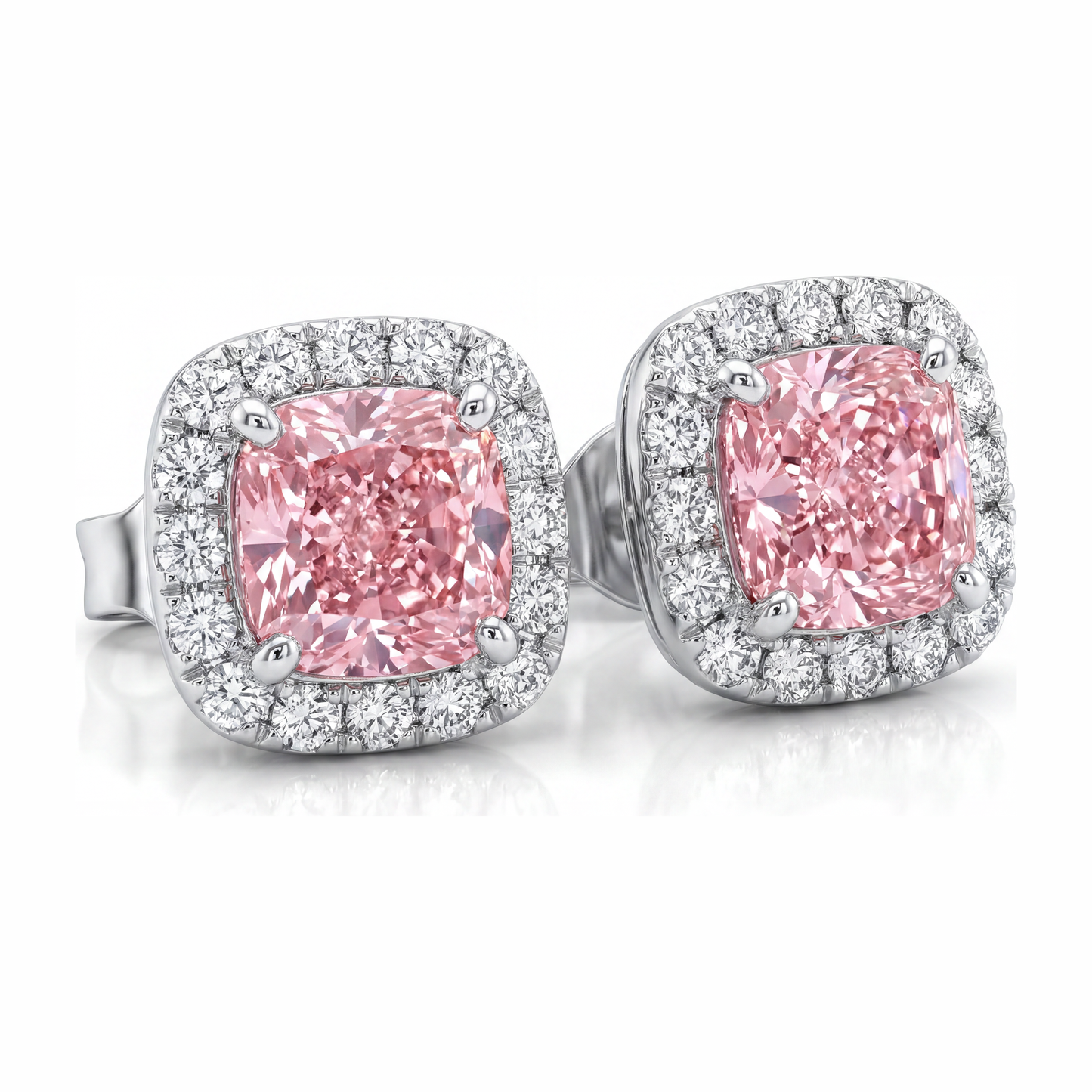 2.5 Carat Cushion Pink Lab Grown Diamond and White Diamond Halo Earrings 14K White Gold