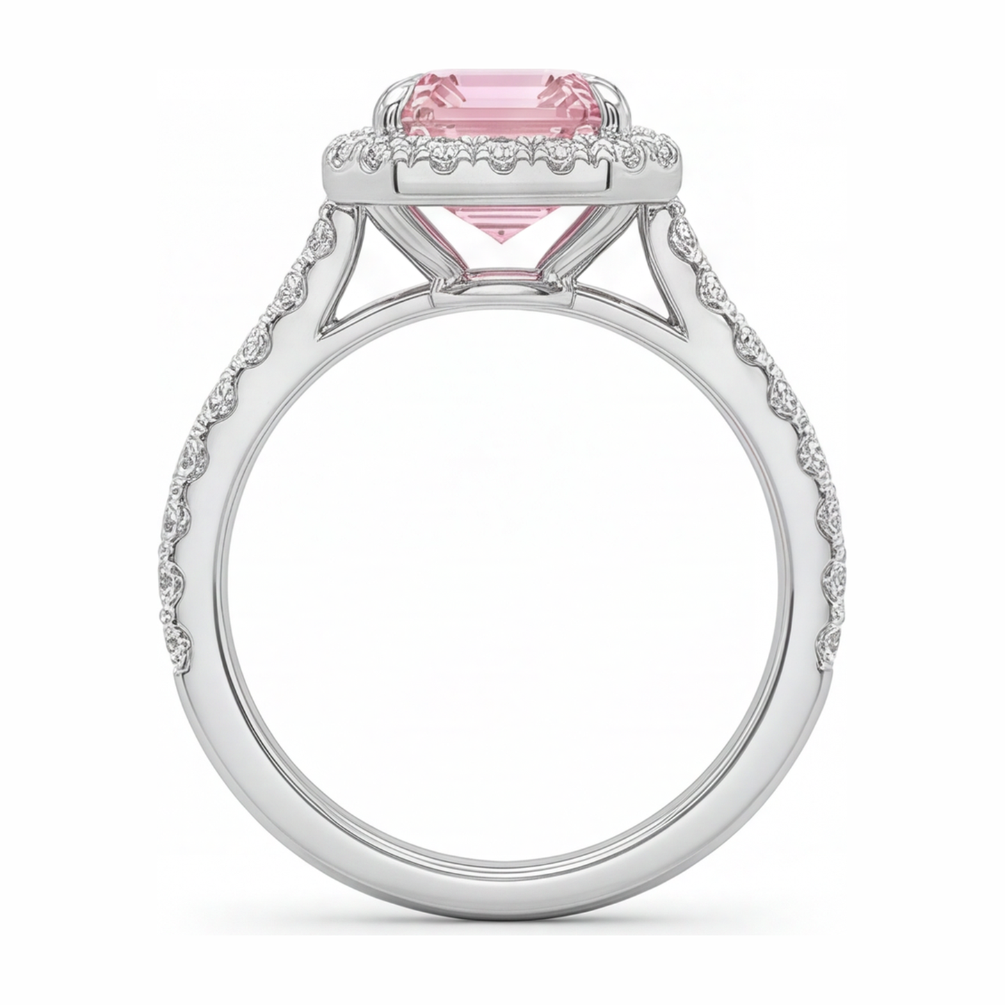 2.5 Carat Emerald Pink Lab Grown Diamond and White Diamond Halo Ring 14K White Gold