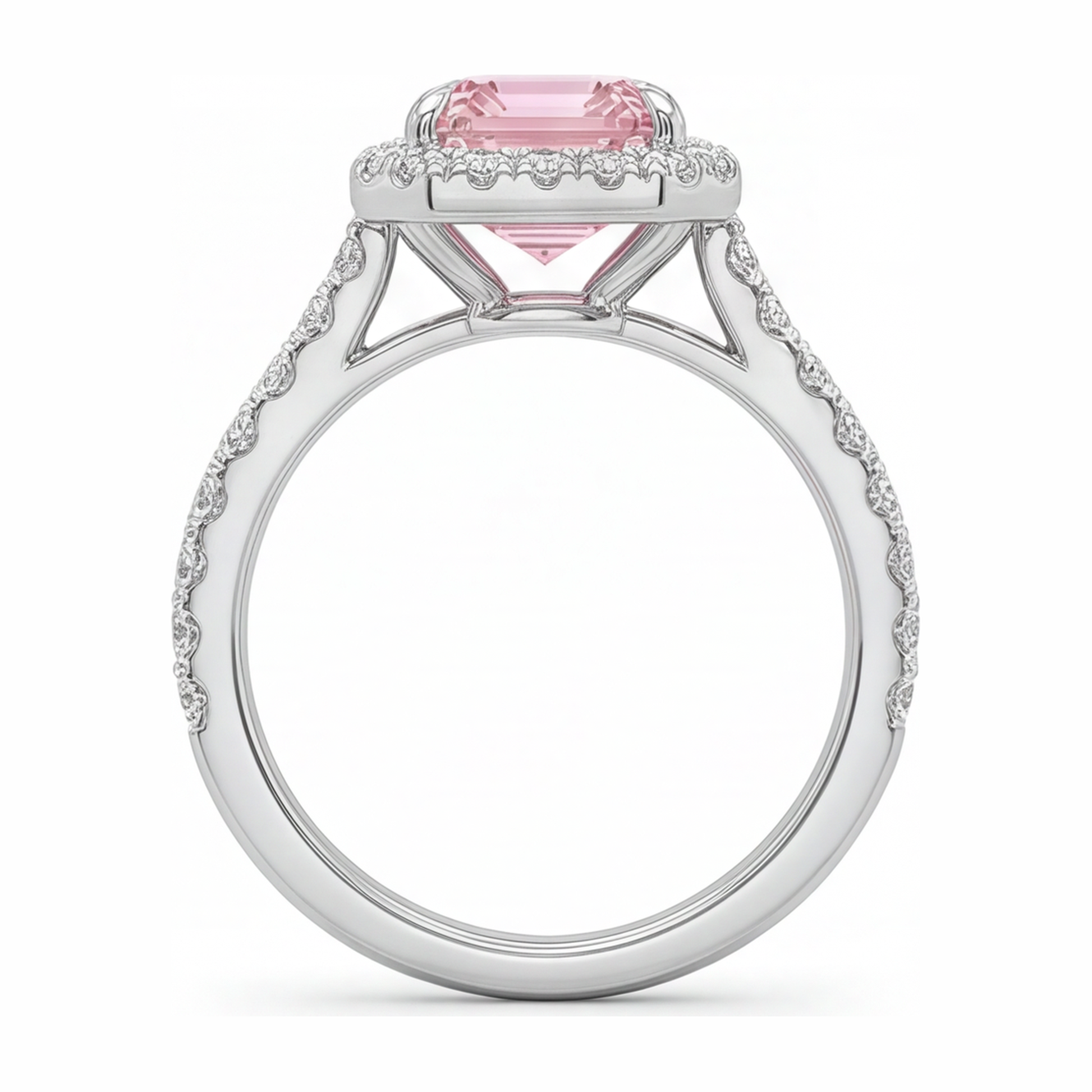 2.5 Carat Emerald Pink Lab Grown Diamond and White Diamond Halo Ring 14K White Gold