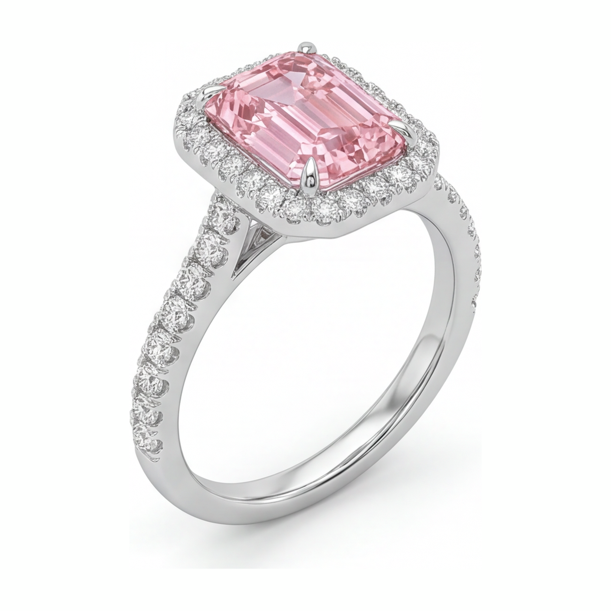 2.5 Carat Emerald Pink Lab Grown Diamond and White Diamond Halo Ring 14K White Gold