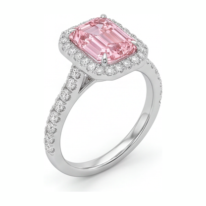 2.5 Carat Emerald Pink Lab Grown Diamond and White Diamond Halo Ring 14K White Gold