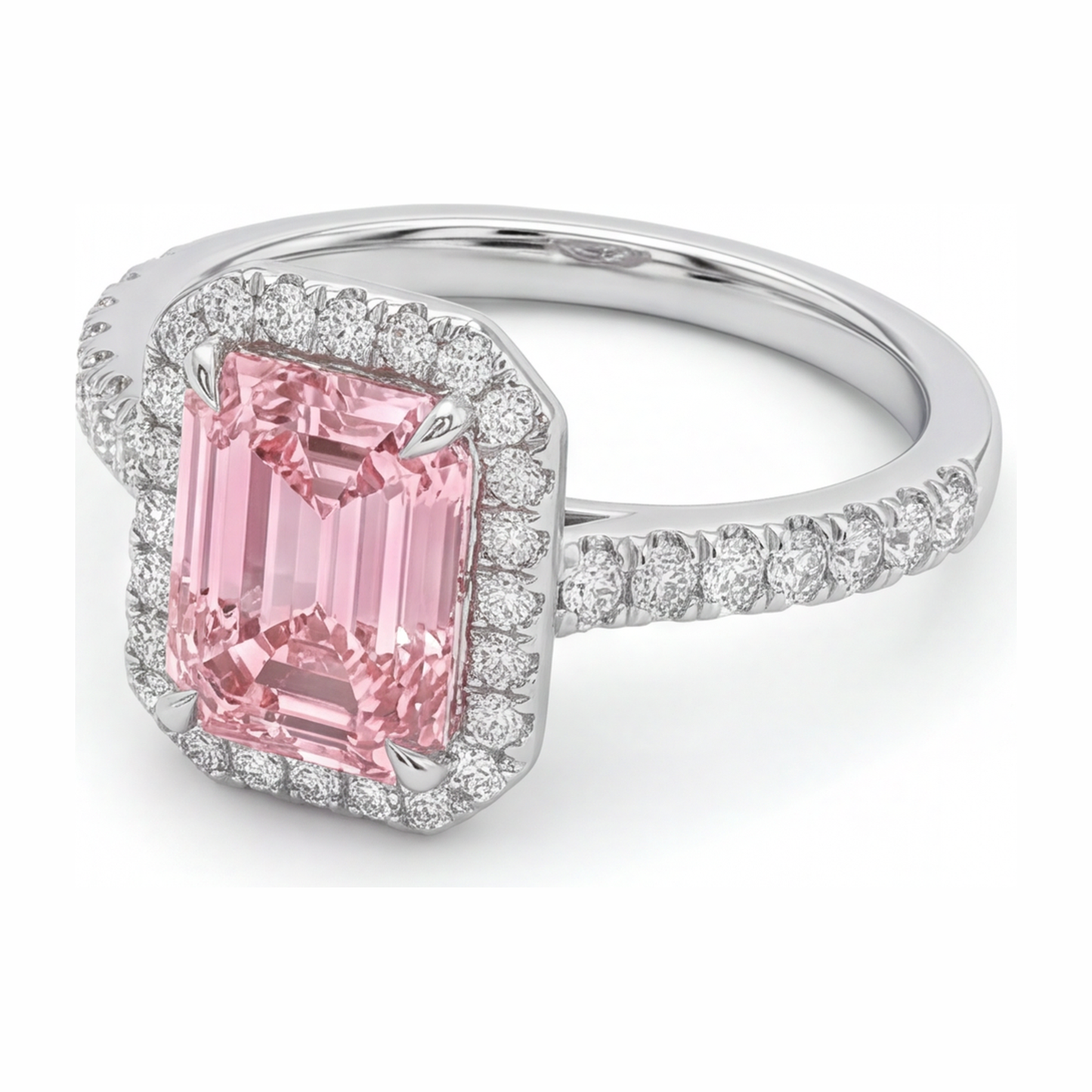 2.5 Carat Emerald Pink Lab Grown Diamond and White Diamond Halo Ring 14K White Gold