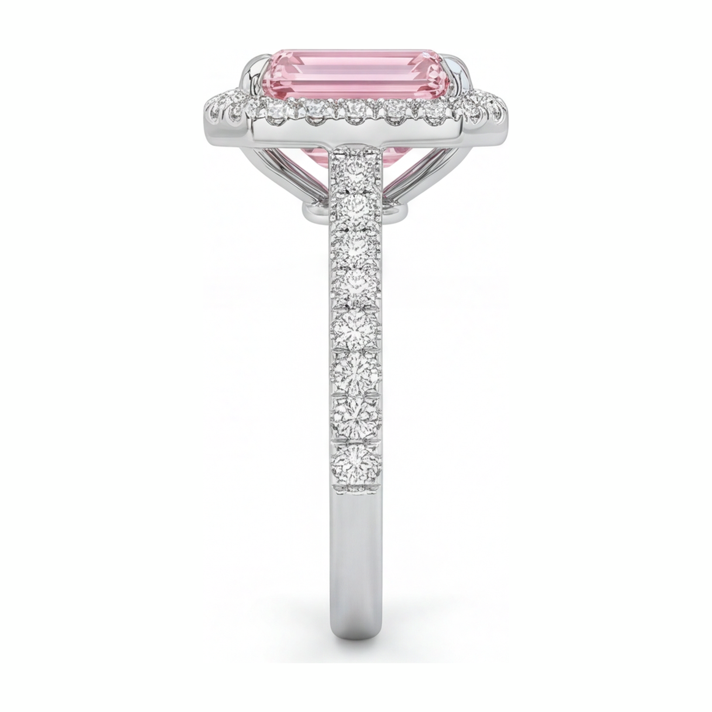2.5 Carat Emerald Pink Lab Grown Diamond and White Diamond Halo Ring 14K White Gold