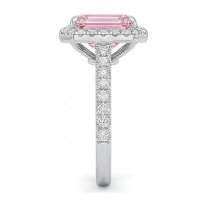 2.5 Carat Emerald Pink Lab Grown Diamond and White Diamond Halo Ring 14K White Gold