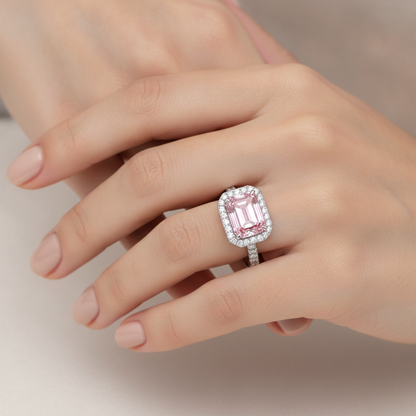2.5 Carat Emerald Pink Lab Grown Diamond and White Diamond Halo Ring 14K White Gold worn