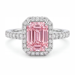 2.5 Carat Emerald Pink Lab Grown Diamond and White Diamond Halo Ring 14K White Gold