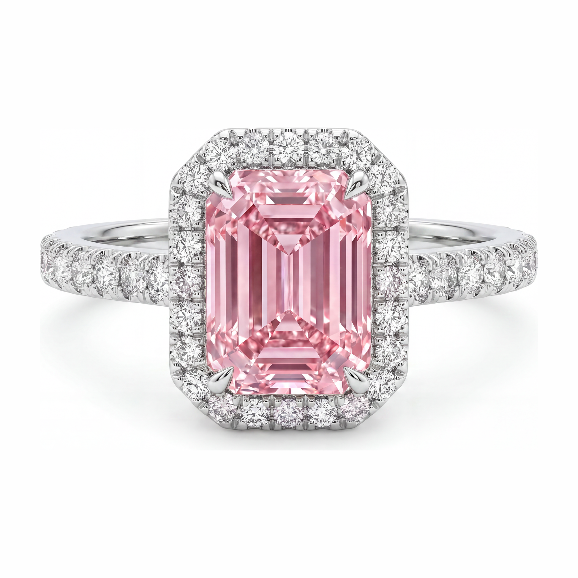 2.5 Carat Emerald Pink Lab Grown Diamond and White Diamond Halo Ring 14K White Gold