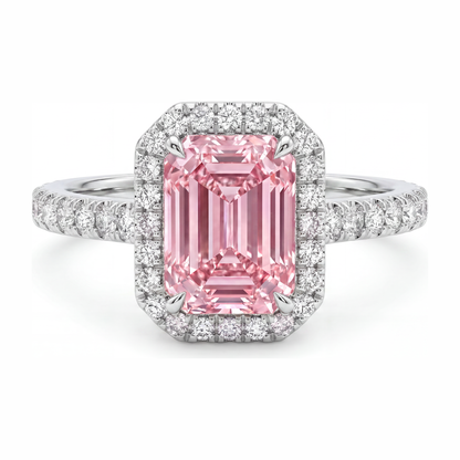 2.5 Carat Emerald Pink Lab Grown Diamond and White Diamond Halo Ring 14K White Gold