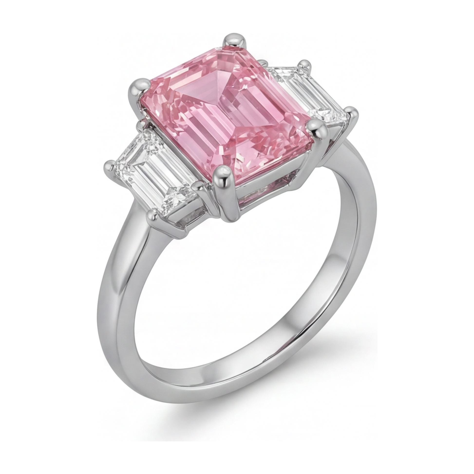2.5 Carat Emerald Pink Lab Grown Diamond and White Diamond Three Stone Ring 14K White Gold