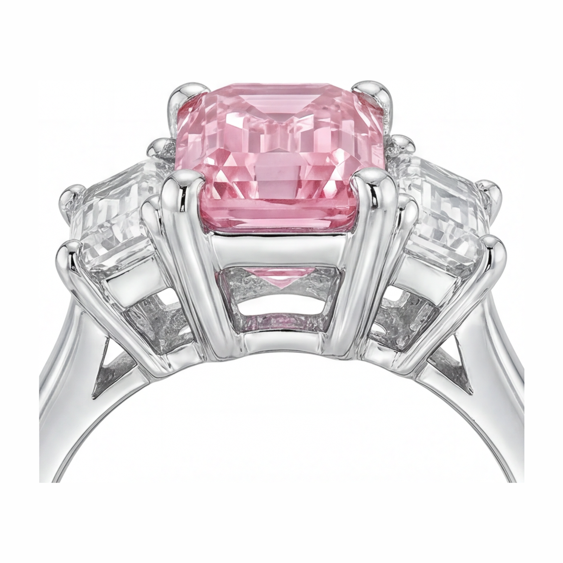 2.5 Carat Emerald Pink Lab Grown Diamond and White Diamond Three Stone Ring 14K White Gold