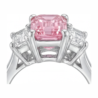 2.5 Carat Emerald Pink Lab Grown Diamond and White Diamond Three Stone Ring 14K White Gold