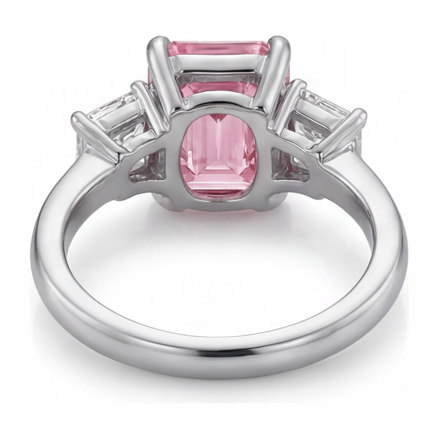 2.5 Carat Emerald Pink Lab Grown Diamond and White Diamond Three Stone Ring 14K White Gold