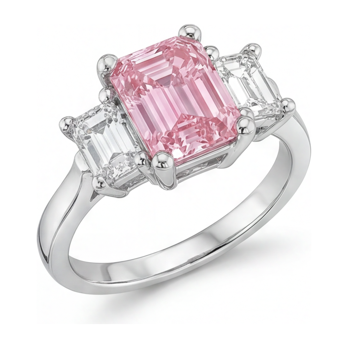 2.5 Carat Emerald Pink Lab Grown Diamond and White Diamond Three Stone Ring 14K White Gold