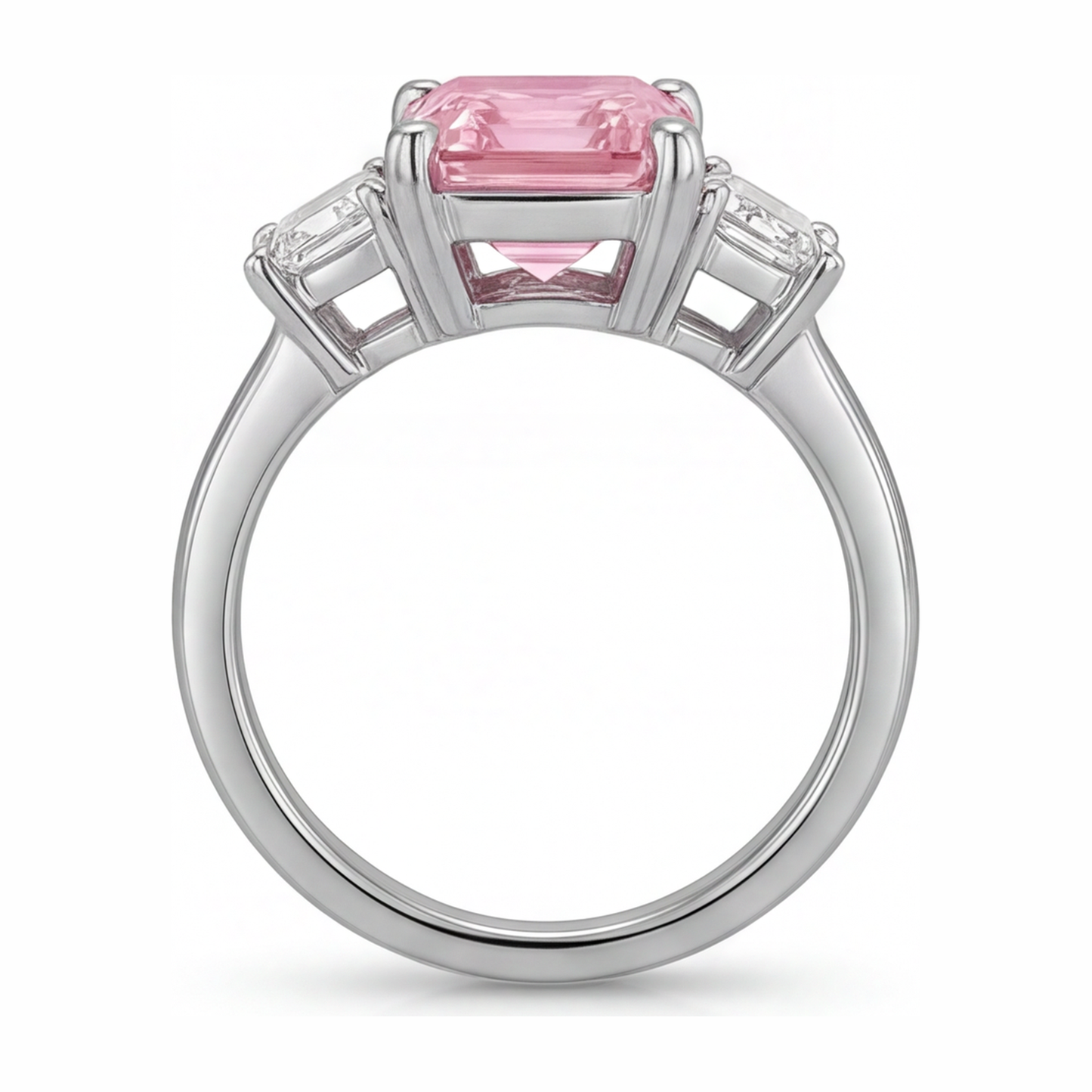 2.5 Carat Emerald Pink Lab Grown Diamond and White Diamond Three Stone Ring 14K White Gold
