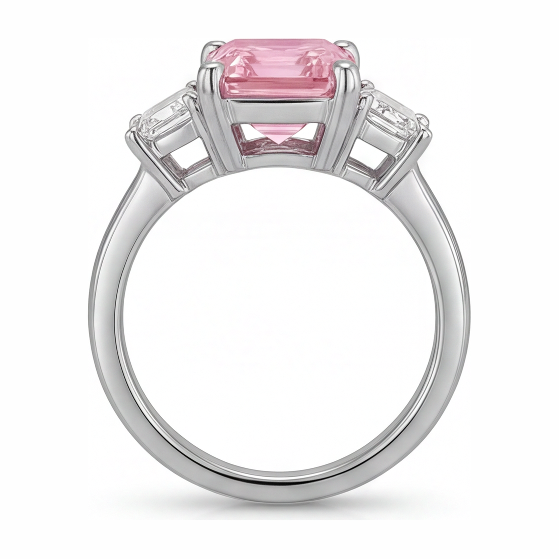 2.5 Carat Emerald Pink Lab Grown Diamond and White Diamond Three Stone Ring 14K White Gold