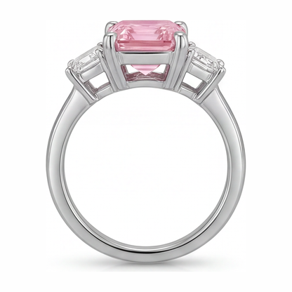 2.5 Carat Emerald Pink Lab Grown Diamond and White Diamond Three Stone Ring 14K White Gold