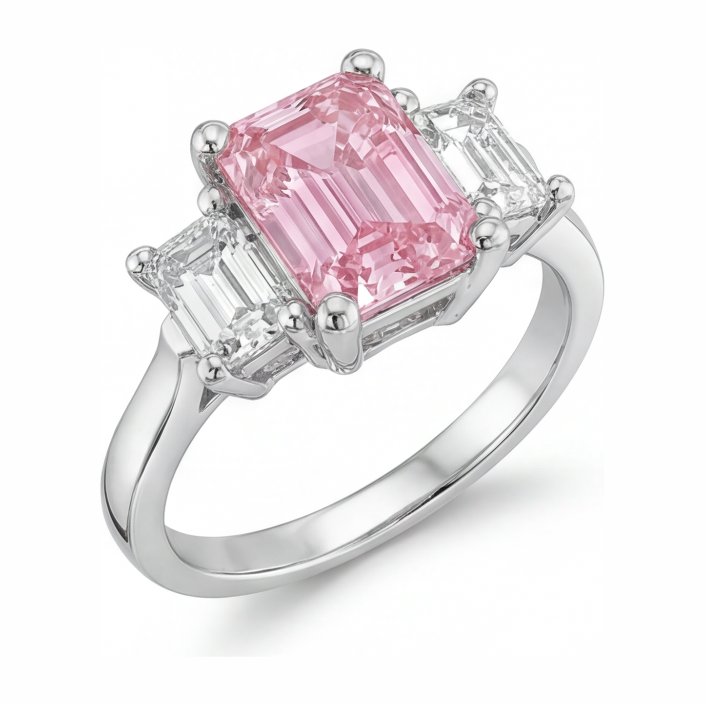 2.5 Carat Emerald Pink Lab Grown Diamond and White Diamond Three Stone Ring 14K White Gold