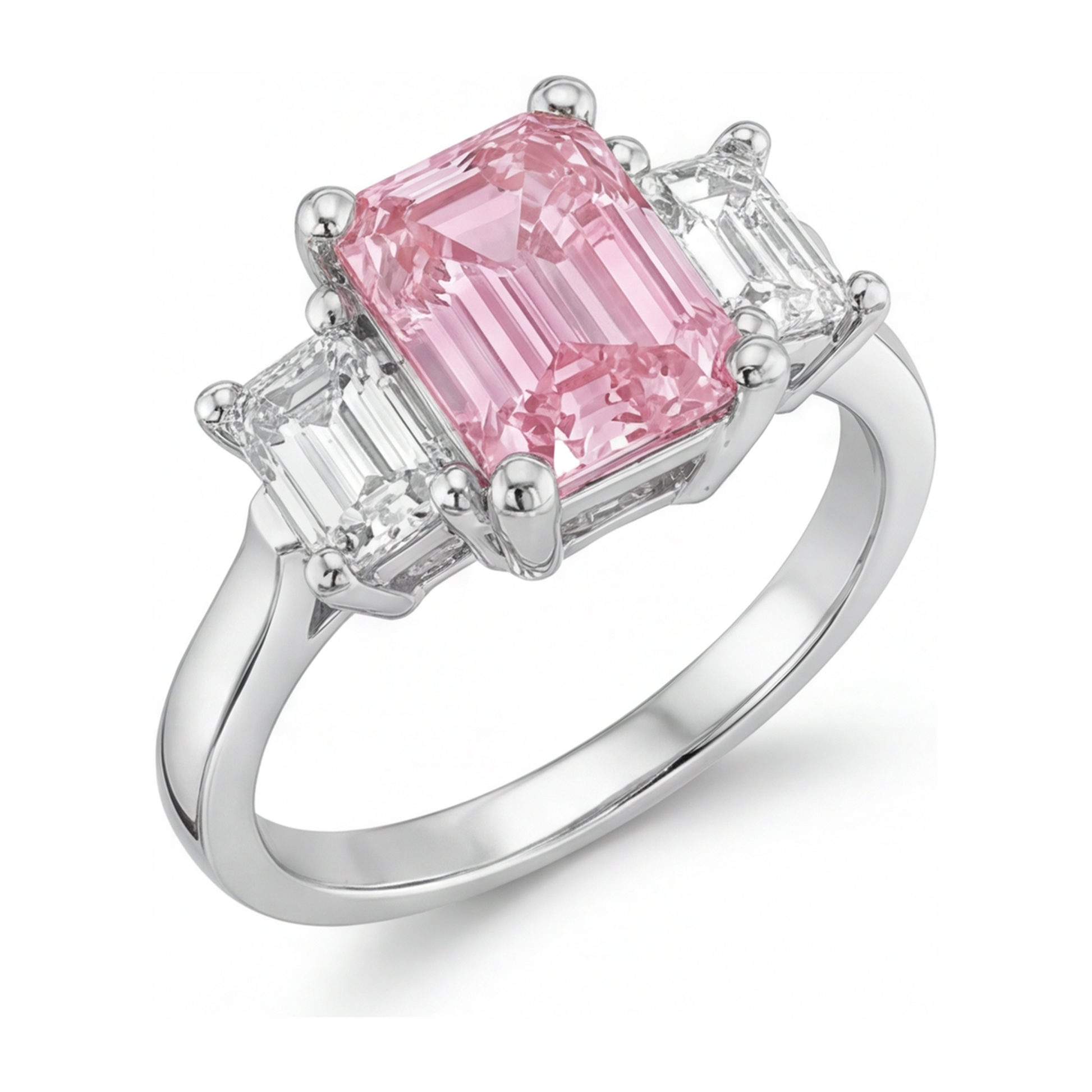 2.5 Carat Emerald Pink Lab Grown Diamond and White Diamond Three Stone Ring 14K White Gold