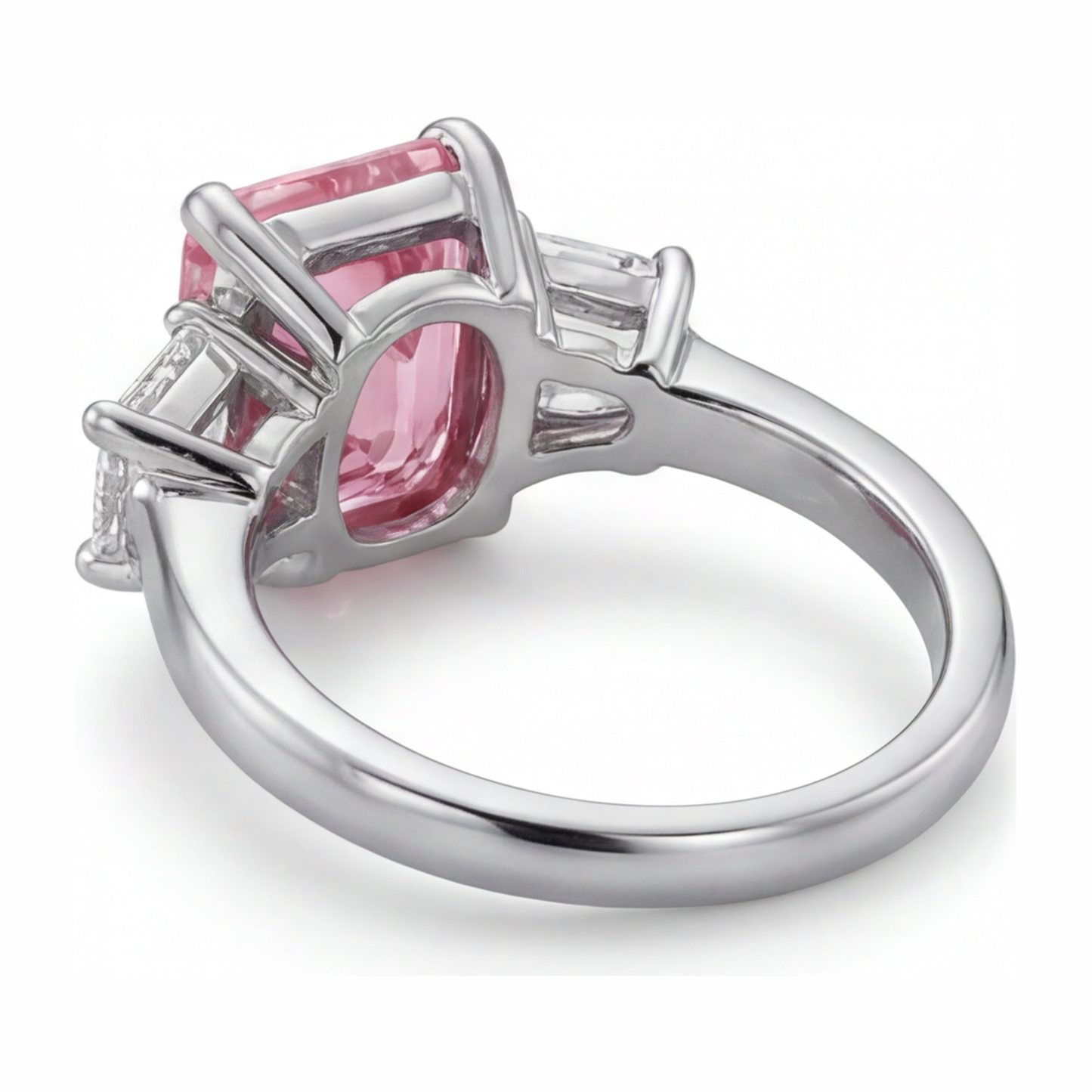 2.5 Carat Emerald Pink Lab Grown Diamond and White Diamond Three Stone Ring 14K White Gold