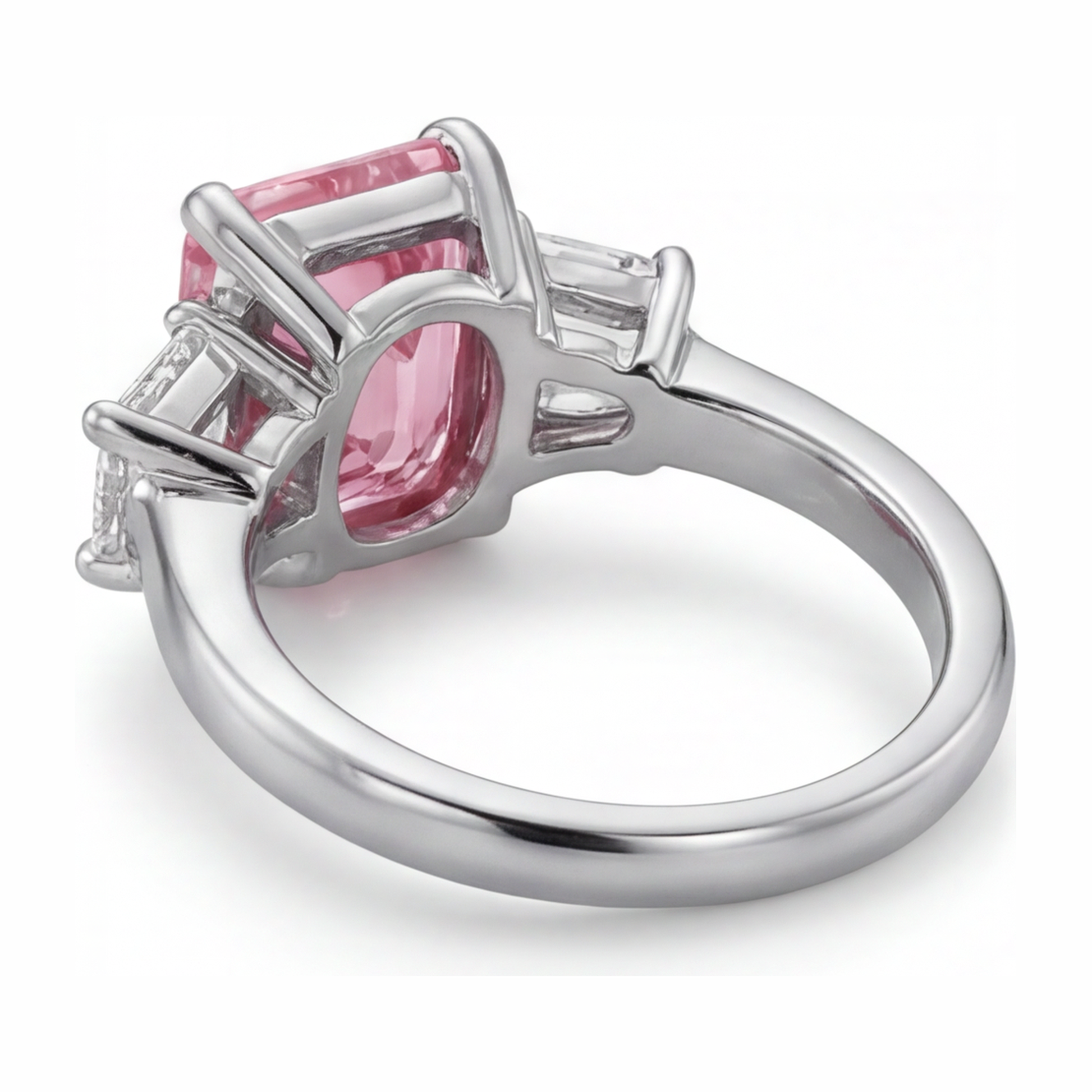 2.5 Carat Emerald Pink Lab Grown Diamond and White Diamond Three Stone Ring 14K White Gold