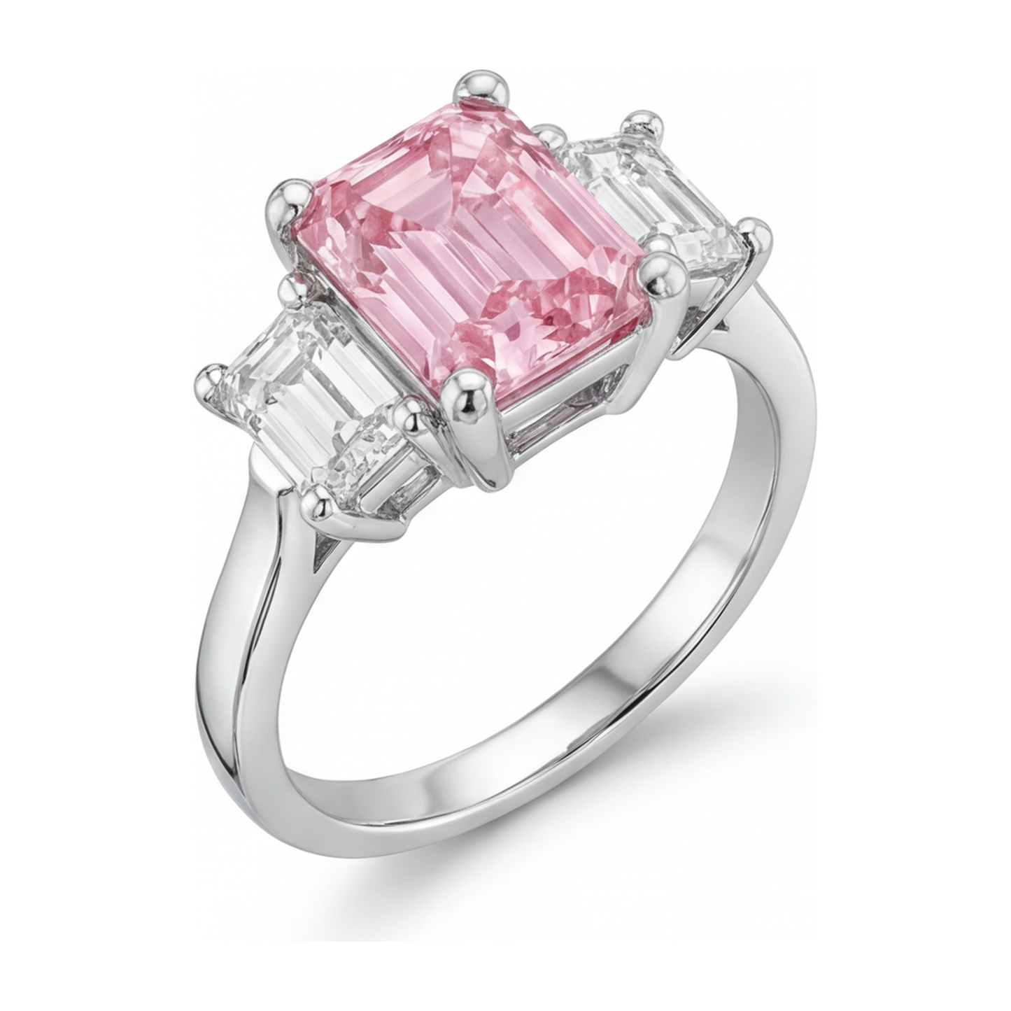 2.5 Carat Emerald Pink Lab Grown Diamond and White Diamond Three Stone Ring 14K White Gold