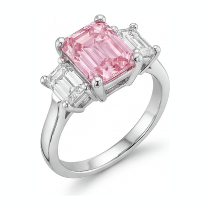 2.5 Carat Emerald Pink Lab Grown Diamond and White Diamond Three Stone Ring 14K White Gold