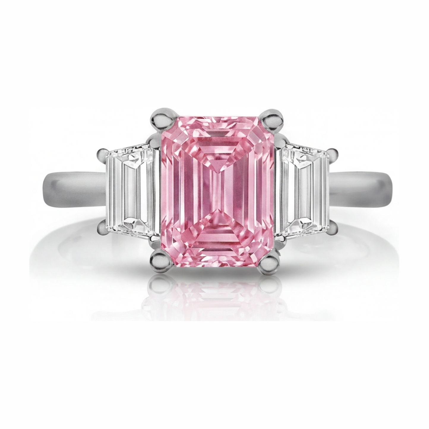 2.5 Carat Emerald Pink Lab Grown Diamond and White Diamond Three Stone Ring 14K White Gold