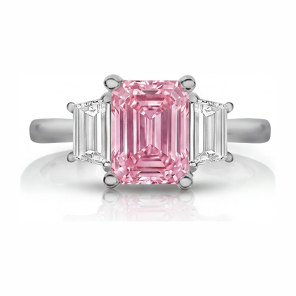 2.5 Carat Emerald Pink Lab Grown Diamond and White Diamond Three Stone Ring 14K White Gold