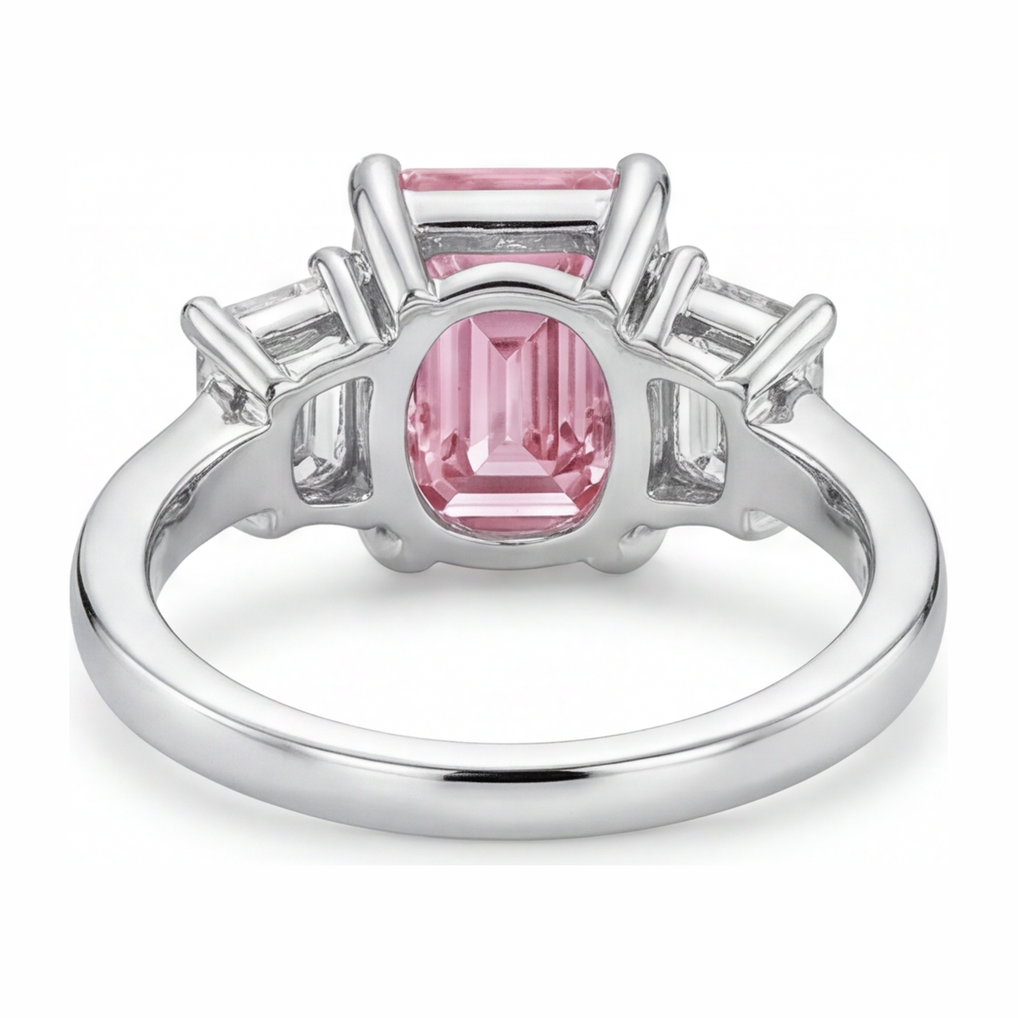 2.5 Carat Emerald Pink Lab Grown Diamond and White Diamond Three Stone Ring 14K White Gold