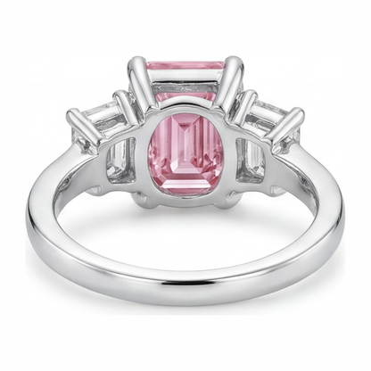 2.5 Carat Emerald Pink Lab Grown Diamond and White Diamond Three Stone Ring 14K White Gold