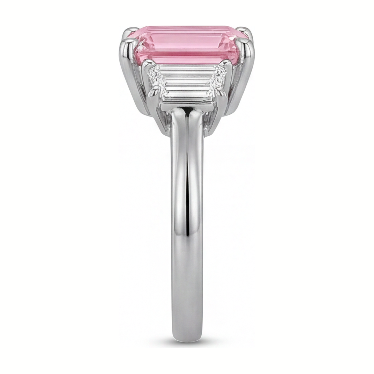 2.5 Carat Emerald Pink Lab Grown Diamond and White Diamond Three Stone Ring 14K White Gold