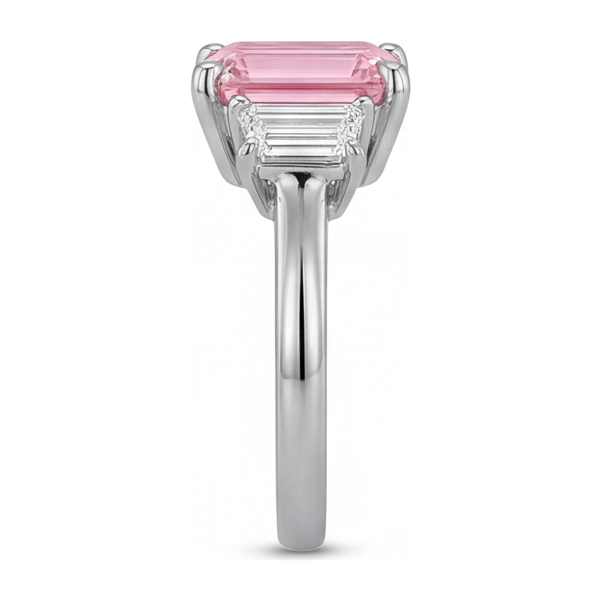 2.5 Carat Emerald Pink Lab Grown Diamond and White Diamond Three Stone Ring 14K White Gold