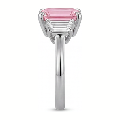 2.5 Carat Emerald Pink Lab Grown Diamond and White Diamond Three Stone Ring 14K White Gold