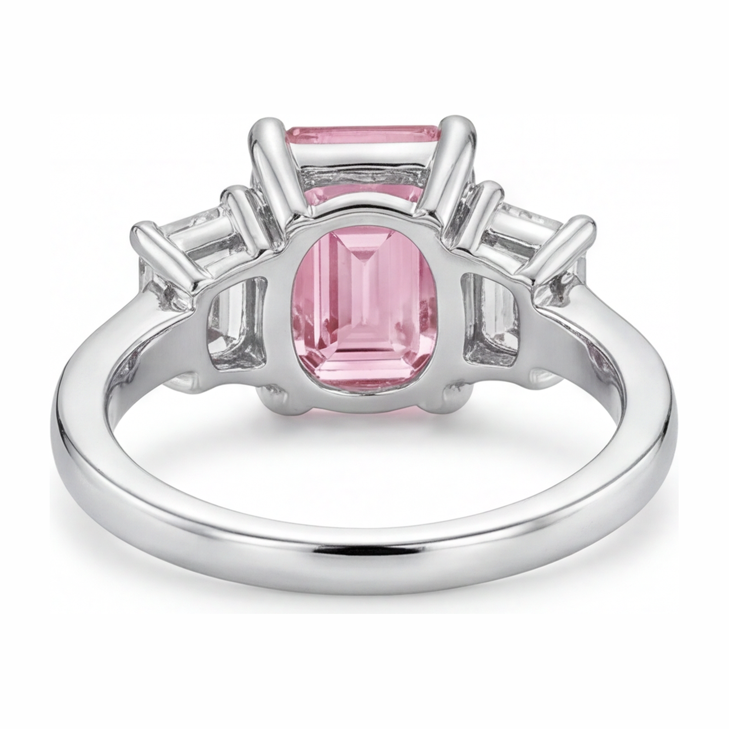 2.5 Carat Emerald Pink Lab Grown Diamond and White Diamond Three Stone Ring 14K White Gold