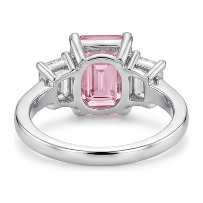 2.5 Carat Emerald Pink Lab Grown Diamond and White Diamond Three Stone Ring 14K White Gold