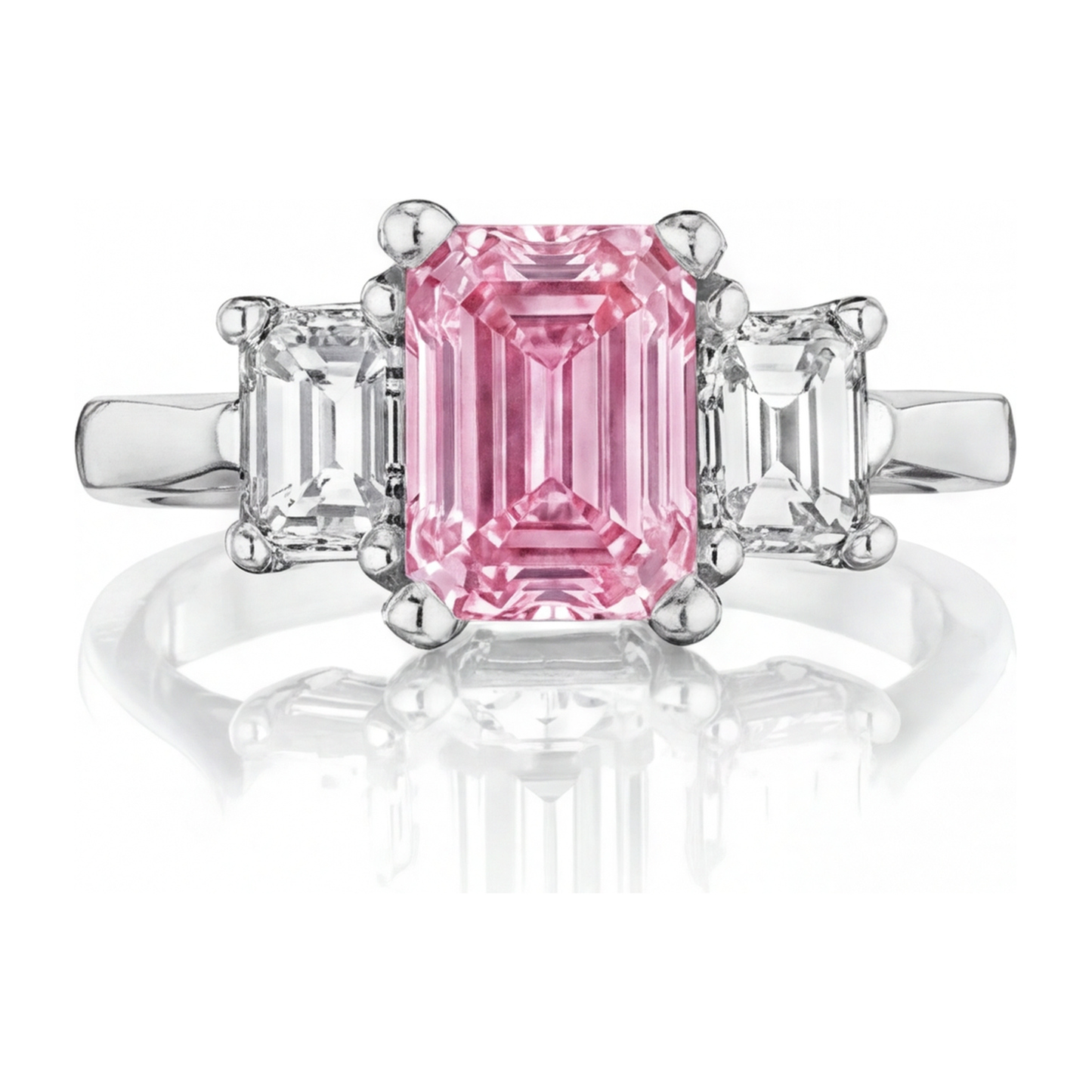 2.5 Carat Emerald Pink Lab Grown Diamond and White Diamond Three Stone Ring 14K White Gold