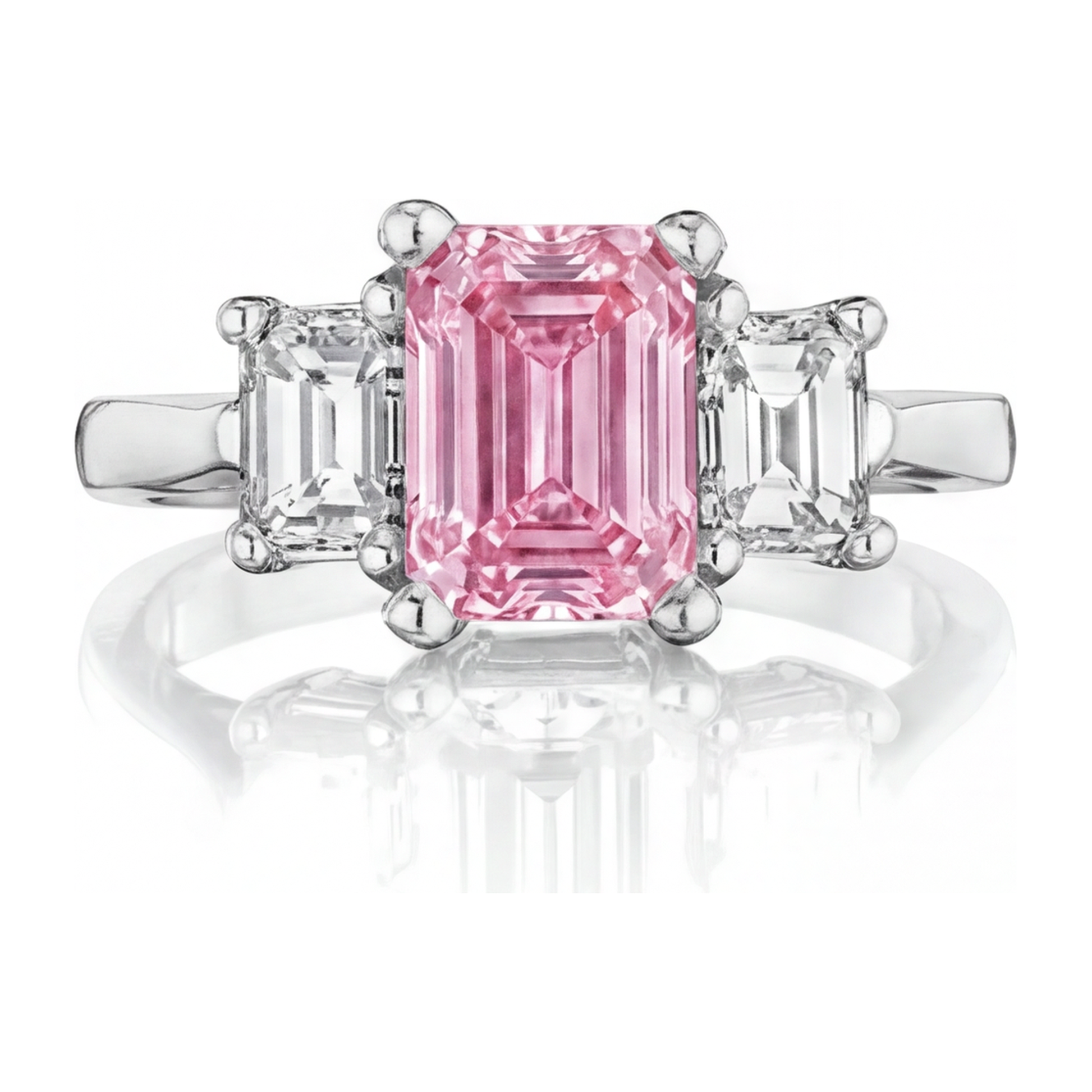 2.5 Carat Emerald Pink Lab Grown Diamond and White Diamond Three Stone Ring 14K White Gold